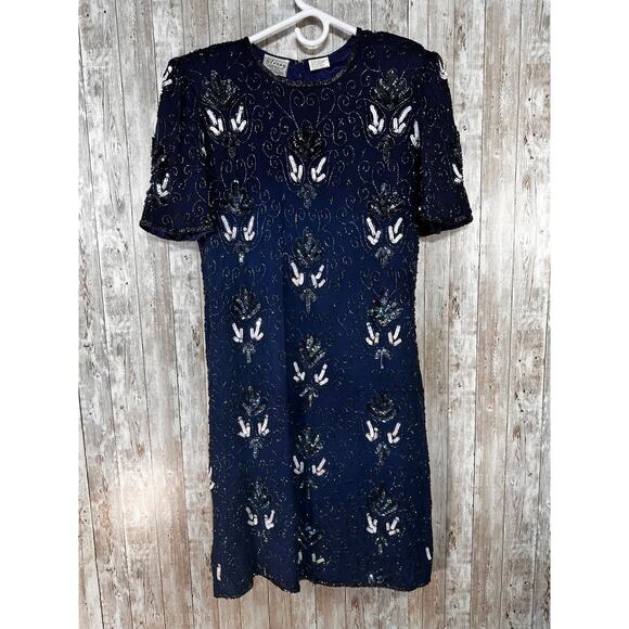 Vintage 80s Stenay Sheath Dress Womens 14 Navy Blue Silk Sequin Beaded Cocktail - Picture 2 of 7